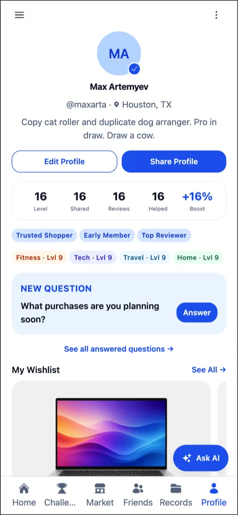 Shopinion Profile screen